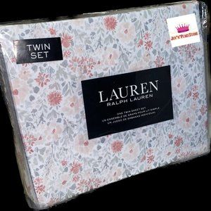 Ralph Lauren Pink Grey Floral Flowers 100%Cotton Twin Fitted Sheet Sham 3pc Set